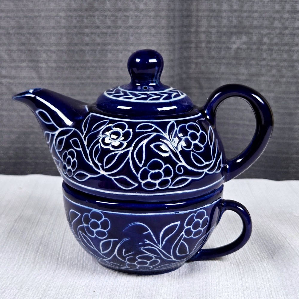 Nesting Teapot and Mug For One Single Serve Set Cobalt Blue White Etched Design